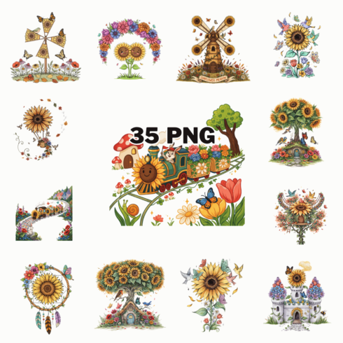 Whimsical Sunflower Fantasy Sublimation Clipart Bundle cover image.