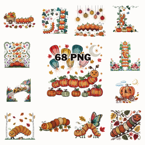 Embroidery Cute Autumn Pumpkin Caterpillar Sublimation Clipart Bundle cover image.