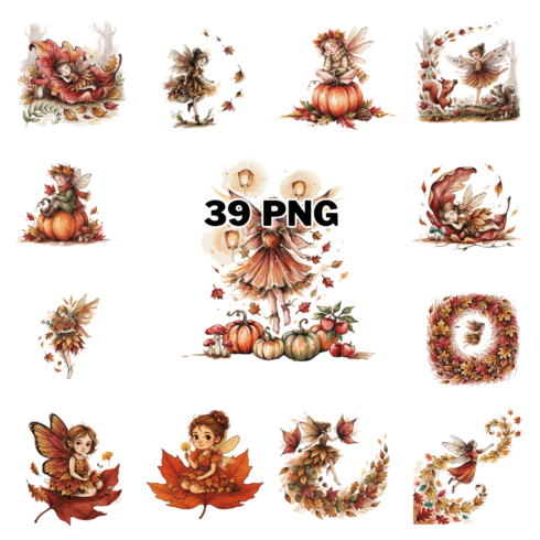 Whimsical Autumn Fairy Watercolor Sublimation Clipart Bundle cover image.