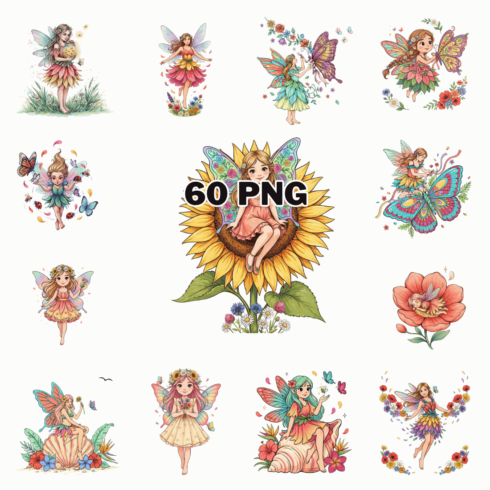 Cute Summer Fairy Watercolor Sublimation Clipart Bundle cover image.