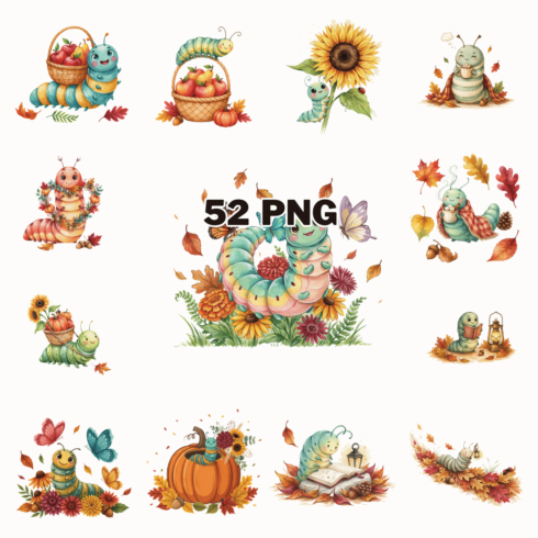 Cute Autumn Caterpillar Watercolor Sublimation Clipart Bundle cover image.