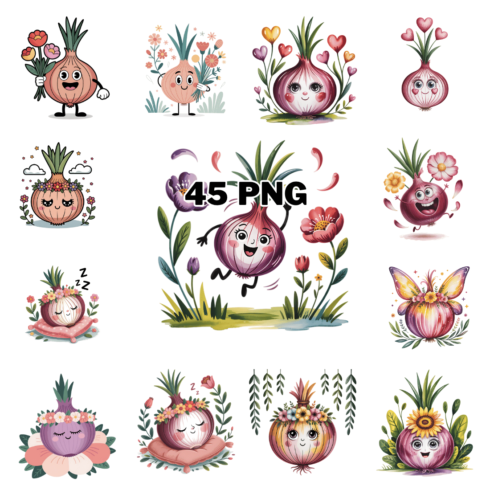 Colorful Cute Floral Onion Sublimation Clipart Bundle cover image.