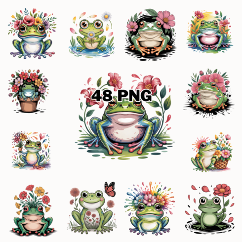 Whimsical Watercolor Floral Frog Sublimation Clipart Bundle cover image.