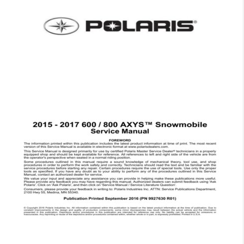 Polaris AXYS 600 800 Service Manual 2015 2016 2017 cover image.