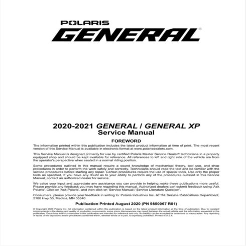 Polaris GENERAL Service Manual 2020-2021 GENERAL XP cover image.