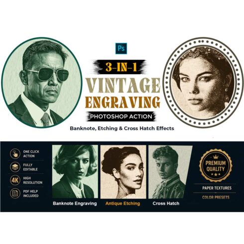 3-in-1 Vintage Engraving Photoshop Action cover image.