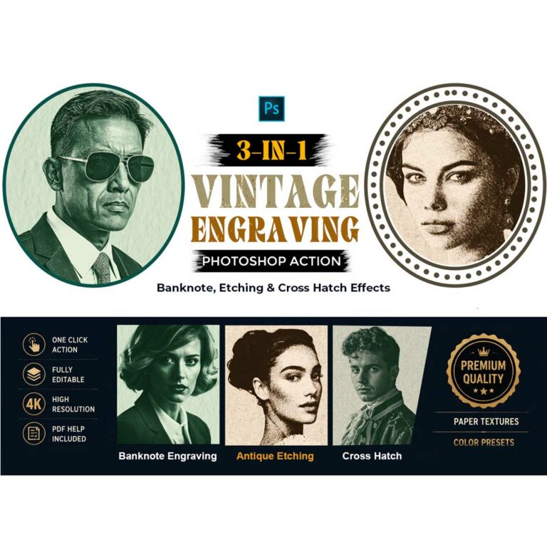 3-in-1 Vintage Engraving Photoshop Action cover image.