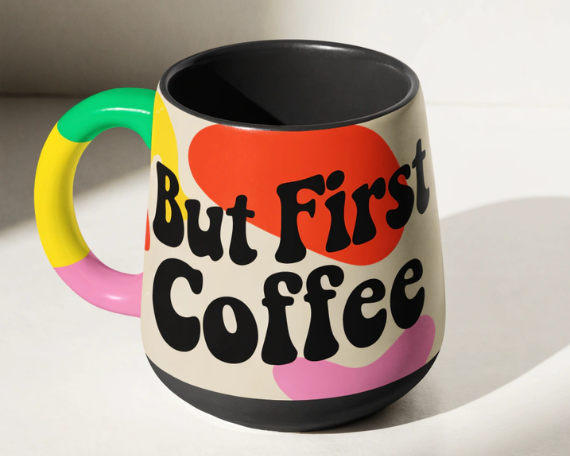 But First Coffee Mug Mockup | Multicolor Handle & Vibrant Typography |  Single Ceramic Mug