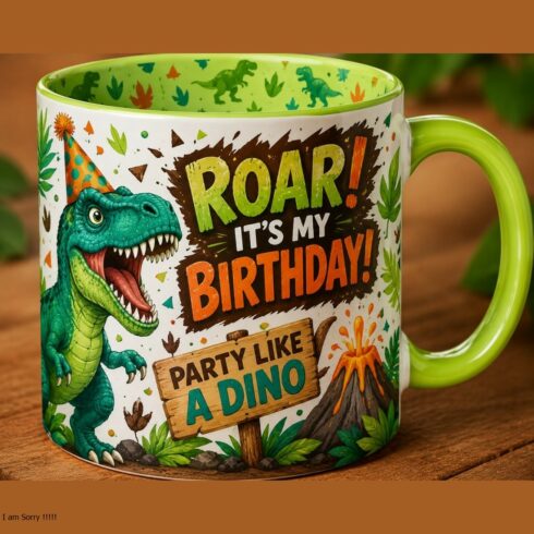 Colorful Dinosaur & Sprinkle Happiness Everywhere Birthday Mug Pair |Confetti Explosion ,Dinosaur Theme Gift Mug cover image.