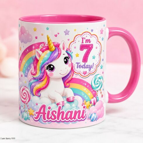 Colorful Unicorn Candy Theme Mug Mockup Pair |Hot Pink Kids Birthday Design Showcase cover image.