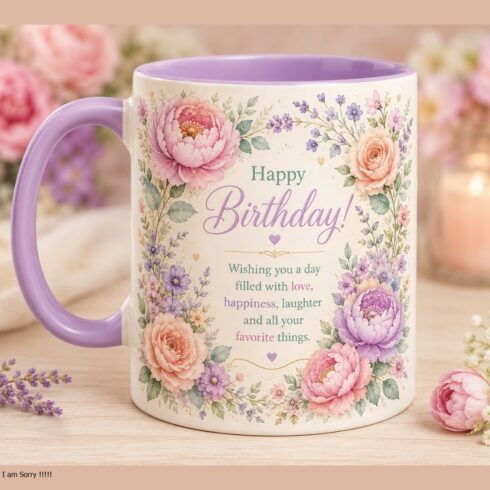 Floral Birthday Mug Mockup Pair | Birthday Wishes Design | Peonies, Roses & Wildflowers cover image.
