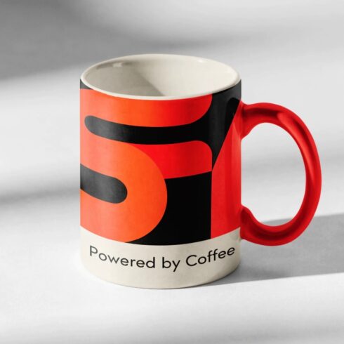 Modern Powered by Coffee Mug Mockup Duo –Cream, Beige, Orange, Red & Black Harmony Style cover image.