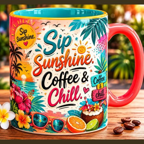 Colorful Summer Coffee Mug Pair | Tropical Fruit Café Mug Design Mockup cover image.