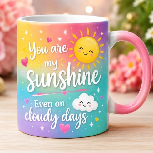 Colorful Pastel Rainbow Bestie Coffee Mugs | Sunshine & Cloudy Days Quote cover image.
