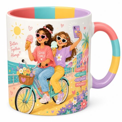 Modern Pastel Besties & Earthy Besties on a Bike | Friendship Mug Mockup Pair cover image.