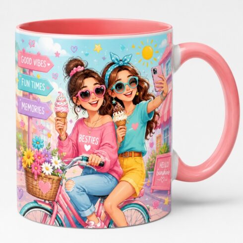 Cute Colorful Friendship Gift Mug Set |Bicycle, Selfie & Ice Cream Design cover image.