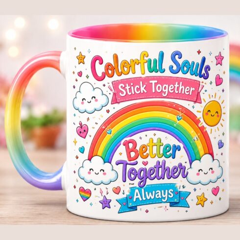 Cheerful Ombre Rainbow Besties Mug Mockup Pair cover image.