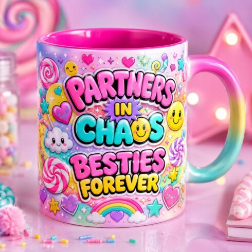 Cute Besties Forever Mug Pair Mockup | Colorful Candy Pop Friendship Cups cover image.
