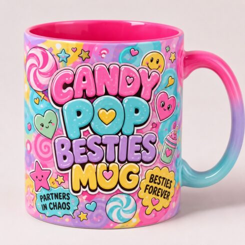 Colorful Gen -Z Besties Mug Pair Mockup |Cute Bubble Typography Bestie Mug Pair cover image.