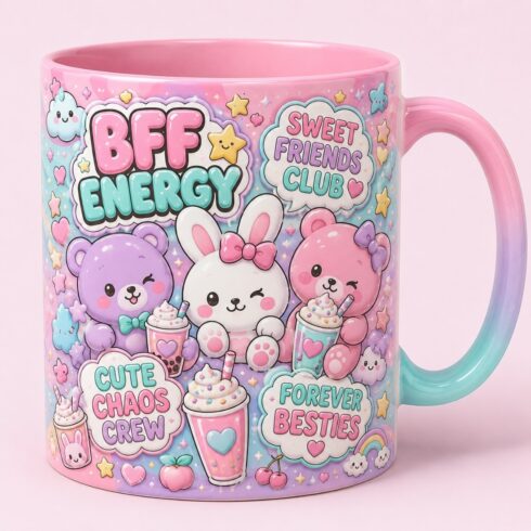 Cute Pastel Kawaii Besties Mug Duo | Sweet Friends Club Gift Cups cover image.