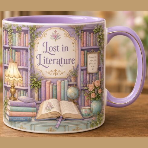 The Elegant Literary Café Dreams & Bookstore Window Charm Mug Mockup Duo cover image.