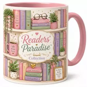 Modern Colorful Pastel Bookshelf BlissCoffee Mug Pair| Readers' Paradise Collection cover image.