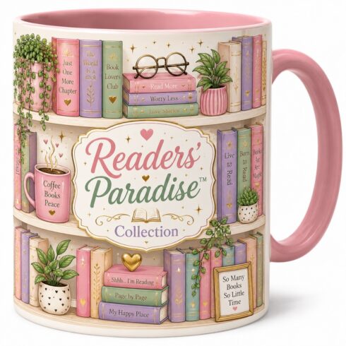 Modern Colorful Pastel Bookshelf BlissCoffee Mug Pair| Readers' Paradise Collection cover image.