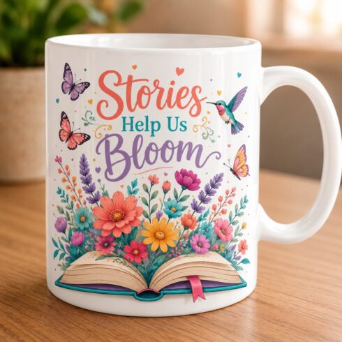 Bright Floral Book Garden Mug Mockup Pair | Stories Help Us Bloom | Colorful Book Lover Mug Scene cover image.
