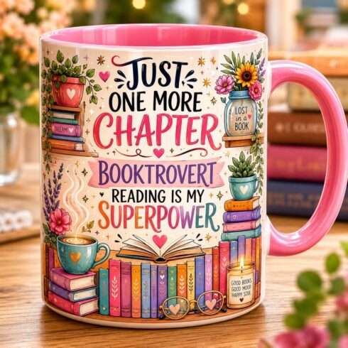 Colorful Literary Mug Mockup Duo |Mug Mockup Pair with Colorful Bookshelves & Colored Handle cover image.