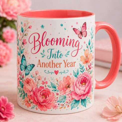 Elegant Colorful Floral Birthday Mug Set | Botanical Coffee Mug Mockup | Birthday Celebration Cup cover image.