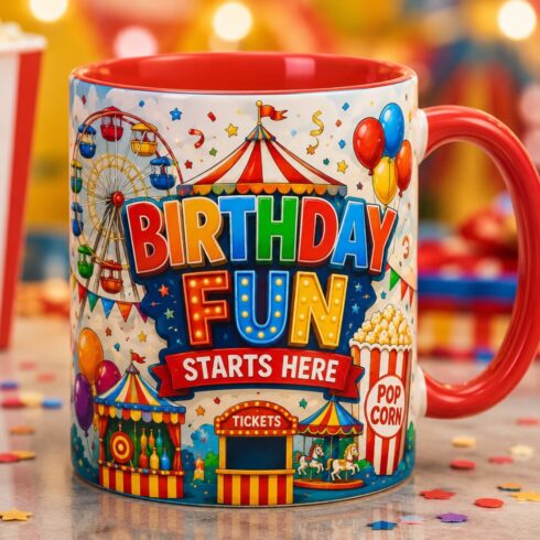 Bright Color Burst Carnival Popcorn, Balloons & Birthday Adventure Mug Pair cover image.