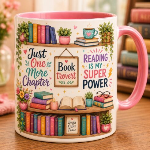 Book Lover Mug Mockup Pair | Just One More Chapter, Booktrovert & Reading Is My Superpower | Colorful Bookshelf Design with Colored Handle cover image.