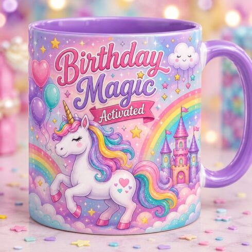 Magical Unicorn Birthday Mug Mockup Pair | Pastel Rainbow Unicorn Mug | PSD Template cover image.