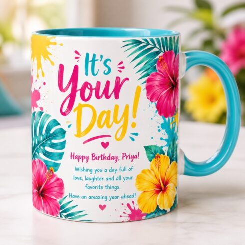 Colorful Birthday Mug Mockup Pair | Tropical Floral Wrap Design with Custom Message cover image.