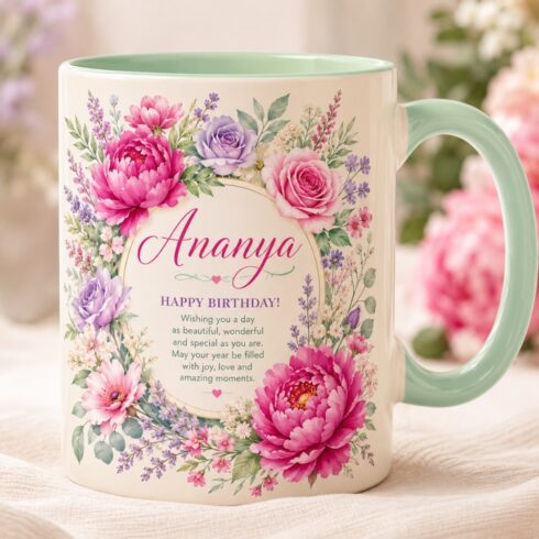 Elegant Grace & Bloom Birthday Wishes Floral Mug Mockup Pair | Personalized Flower Name Mug cover image.
