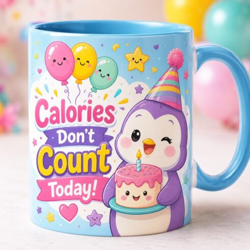 Cute Cartoon Cake, Balloons & Party Hat Design| Calories Don't Count Today Birthday Mug Pair Mockup | Colorful Birthday Coffee Cup Set cover image.