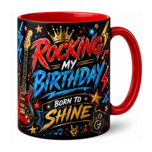 Vibrant Rockstar Electric Guitar & Creative Year Ahead Birthday Mug Mockup Pair | Music Lover Birthday Mug cover image.