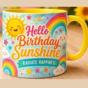 Colorful Friendship Coffee Mug Mockup with Sunflowers and Smiley Faces & royal blue birthday sparkle cover image.