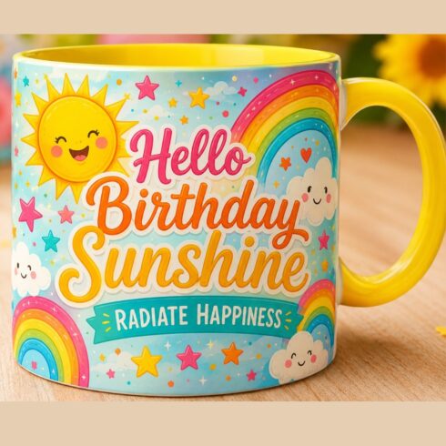 Colorful Friendship Coffee Mug Mockup with Sunflowers and Smiley Faces & royal blue birthday sparkle cover image.