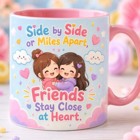 Cute Cartoon & Sunshine & Sunflower Besties Mug Mockup Pair | Friends Stay Close at Heart Design cover image.