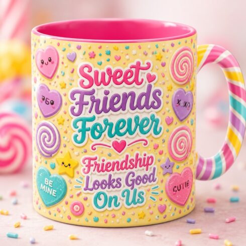 Candy Sunshine Friendship Mug Mockup Pair | Sweet Friends Forever Colorful Bestie Mug cover image.