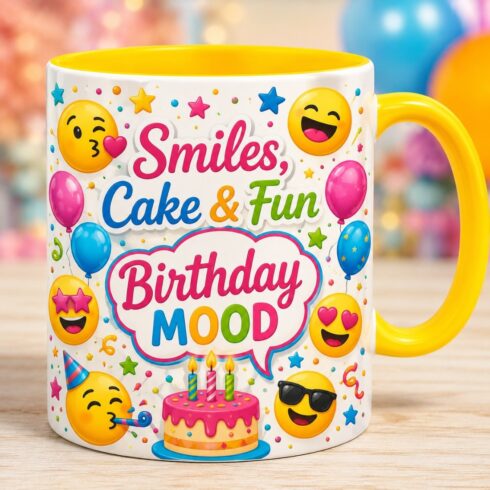 Colorful Birthday Celebration Mug Mockup Pair– Cheerful Emoji Birthday Gift Mug Mockup cover image.