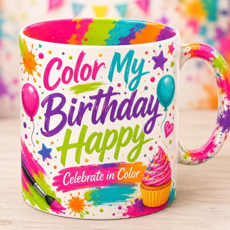 Colorful Modern Birthday Vibes Mug Pair – Paint Splatter Party Coffee Cups cover image.