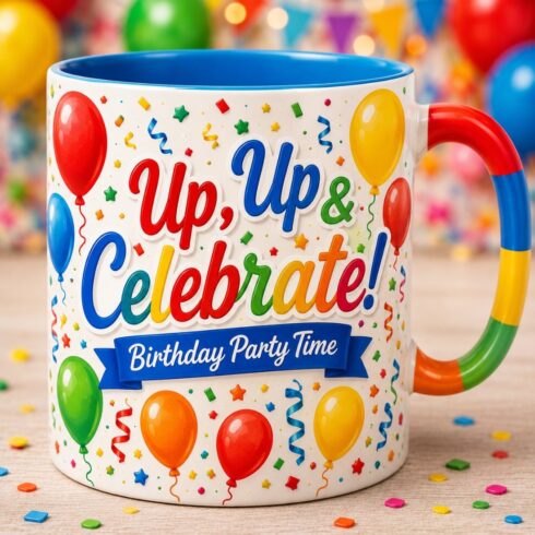 Festive Colorful Balloon Party & Sunny Days Birthday Mug Mockup Pair – Fun Birthday Gift Mug Set cover image.