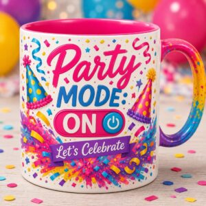 Confetti Blast Birthday Mug Mockup Pair | Party Mode: ON | Let's Celebrate Coffee Cups with Confetti Explosion, Party Hats, Streamers, Colorful Handles & Inner Rim cover image.