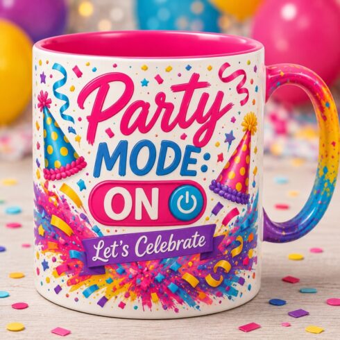 Confetti Blast Birthday Mug Mockup Pair | Party Mode: ON | Let's Celebrate Coffee Cups with Confetti Explosion, Party Hats, Streamers, Colorful Handles & Inner Rim cover image.