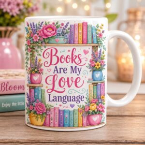 Books Are My Love Language Mug Mockup Pair | Colorful Floral Bookshelf Design | Book Lover Gift for Women, Teachers & Readers cover image.