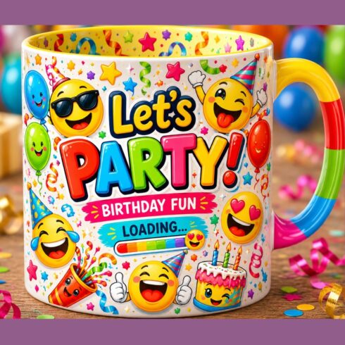 Colorful Kids Emoji Celebration Mug Mockup Pair – Cheerful Fun Balloons and Streamers Birthday Gift Cups cover image.