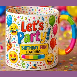 Colorful Kids Birthday Emoji Mug Pair – Bright Celebration Coffee Cup Mockup cover image.
