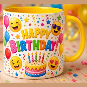 Colorful Kids Birthday Mug Mockup Pair | Smiley Emoji Birthday Cup | Yellow & Off-White Mug with Balloons, Cake, Confetti, Stars & Multicolor Birthday Artwork cover image.